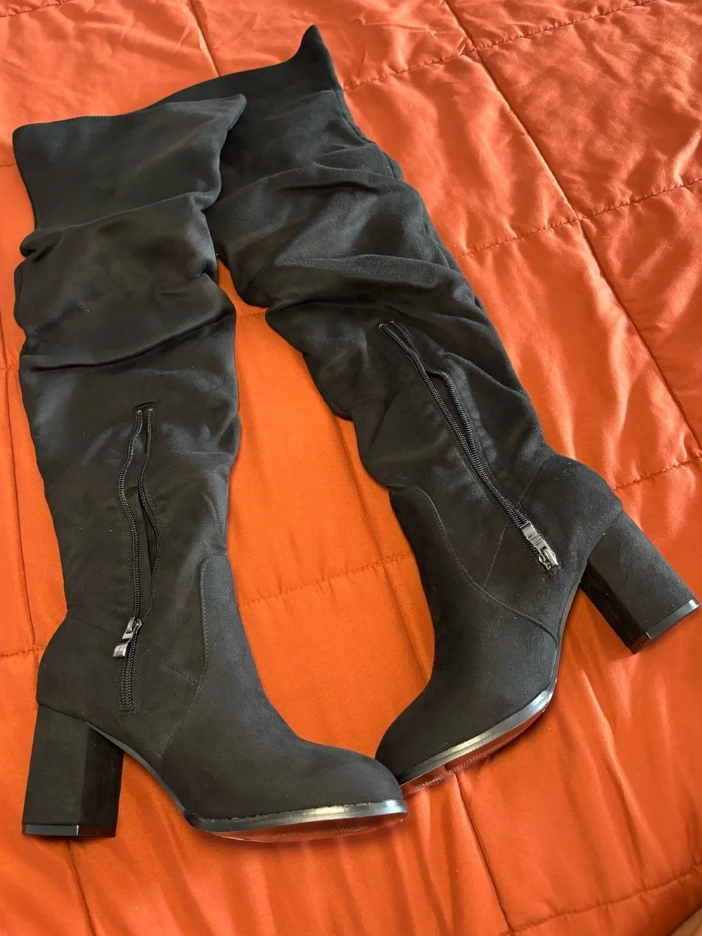New Black Thigh High Chunky Heel Boots with side zippers- Good Quality